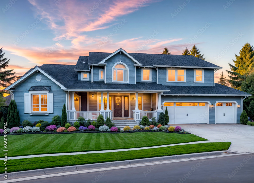 Two-Story Suburban House with Well-Maintained Lawn and Gray Exterior Two-Story Suburban House with Well-Maintained Lawn and Gray Exterior