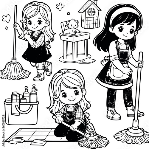 Cute kids woman cleaning room group work on floor ฺline art black and white generated by Ai