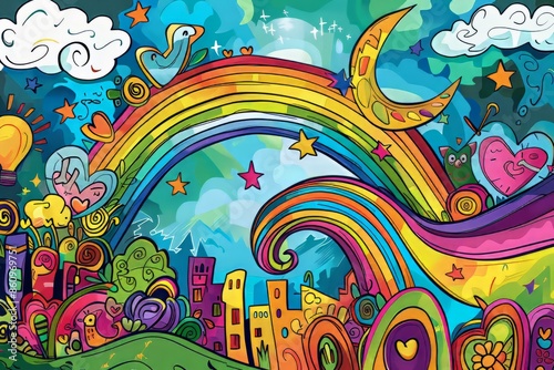 Cartoon cute doodles of a magical rainbow arching over a troubled land, bringing hope and encouragement, Generative AI