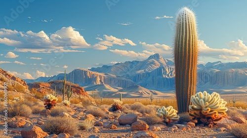 Majestic Cephalocereus cactus with its long, white, wool-like hairs, standing tall in a rugged desert, evoking the ancient and enduring spirit of the desert. Illustration, Minimalism,