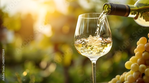 Chilled white wine being poured into a glass with condensation on the bottle in a sunny outdoor setting wine concept with copy space