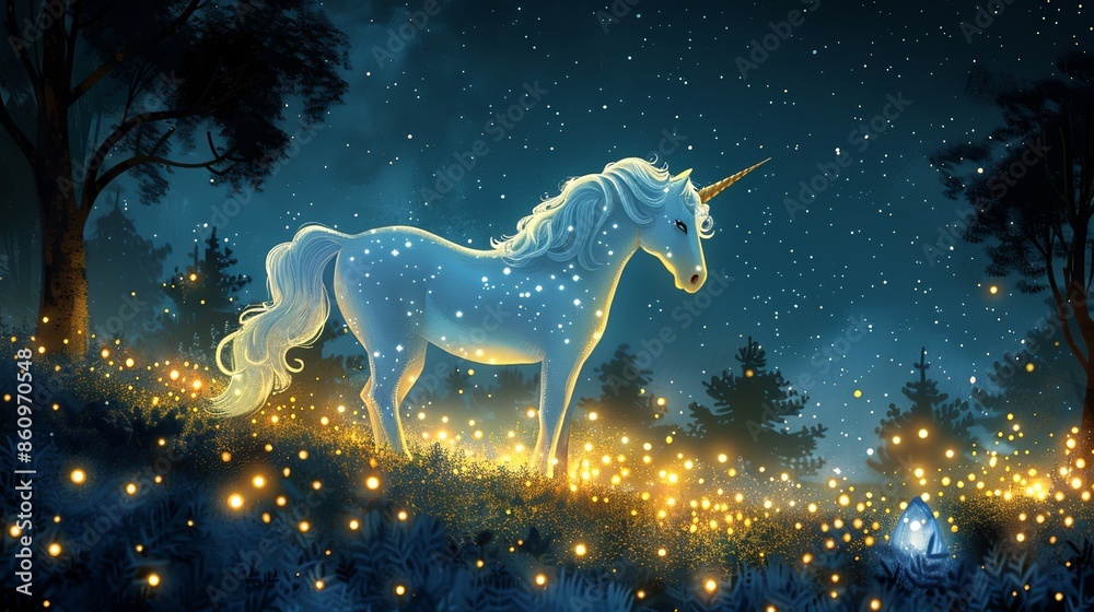 Magical scene of a unicorn in a moonlit forest, with twinkling stars and fairy lights, creating a sense of wonder and enchantment. Illustration, Minimalism, Magical scene of a unicorn in a moonlit forest, with twinkling stars and fairy lights, creating a sense of wonder and enchantment. Illustration, Minimalism,