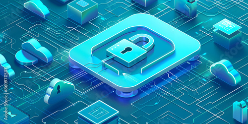Futuristic Cybersecurity Concept with Digital Lock and Circuit Board
High-Tech Security Graphic Featuring Lock Symbol and Digital Connections