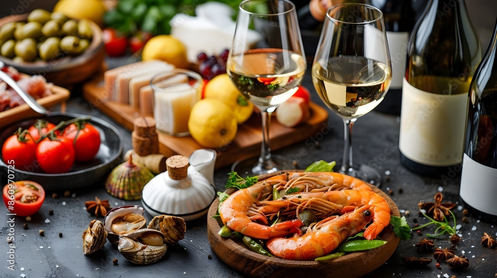 Exquisite Seafood Feast Paired with Captivating Wines on Elegant Table Setting Exquisite Seafood Feast Paired with Captivating Wines on Elegant Table Setting