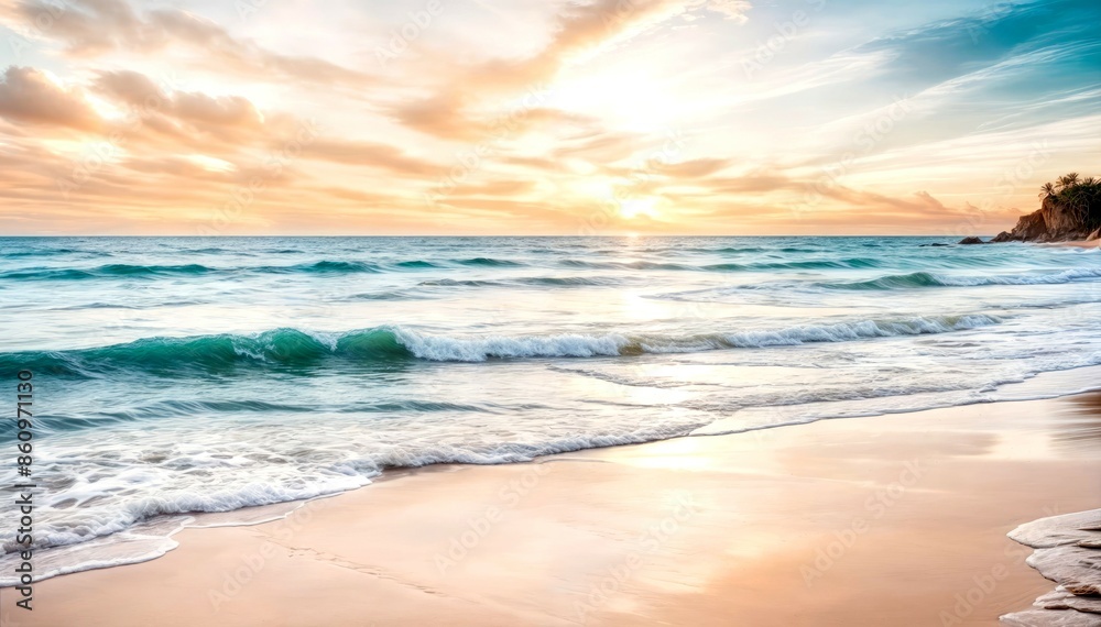 Serene Beach Sunset with Crashing Waves and Vibrant Sky