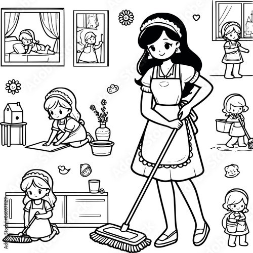 Cute kids woman cleaning room group work on floor ฺline art black and white generated by Ai