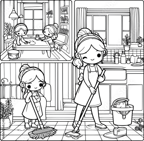 kids woman cleaning room doing housework by mop the floor ฺline art black and white vector illustration generated by Ai