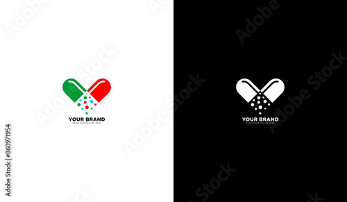 Capsule medicine love logo. Capsule, pill, pharmacy medicine icon. Graphic vector illustration design