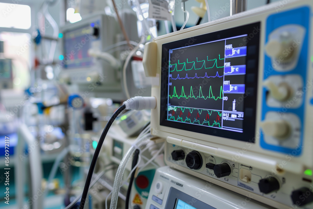 Fototapeta premium A medical monitor displays a heart rate. The monitor is in a hospital setting. Concept of urgency and importance, as the heart rate is being closely monitored