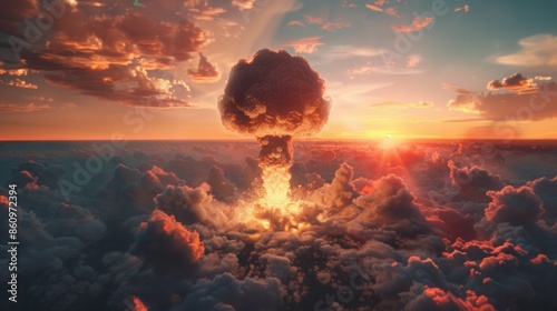 Nuclear explosion of an atom bomb with a mushroom cloud photo