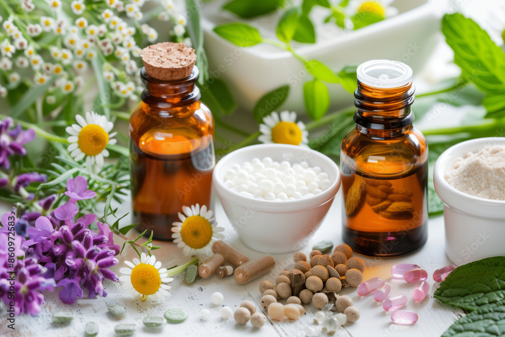 A table with a variety of herbs and spices, including a bottle of lavender oil. The herbs and spices are arranged in a way that creates a sense of abundance and variety A table with a variety of herbs and spices, including a bottle of lavender oil. The herbs and spices are arranged in a way that creates a sense of abundance and variety