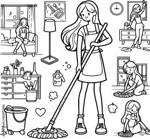kids woman cleaning room doing housework by mop the floor ฺline art black and white vector illustration generated by Ai