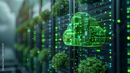 Environmental Benefits of Cloud Computing with Green Energy Icons and Data Centers