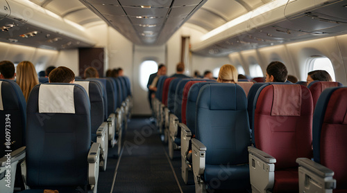 Interior of airplane with passengers on seats and female traveler walking the aisle. Commercial economy flight service concept, Generative.AI © Qudrat