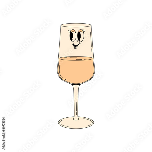 Retro wine festival. Groovy character white wine glass with face. Funky alcohol design for menu, party, event. Vintage vector illustration 70s, 80s style