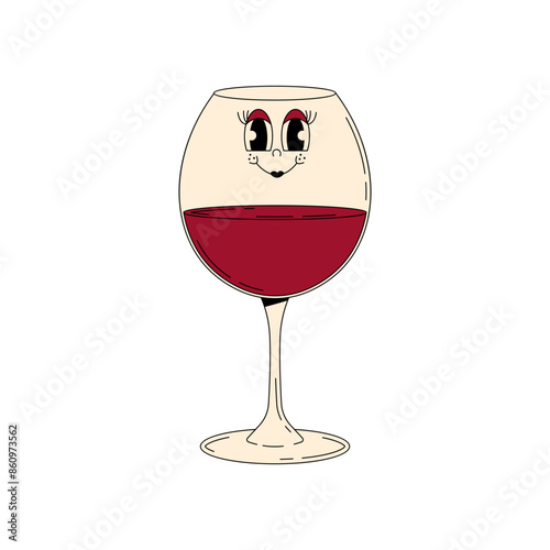 Retro wine festival. Groovy character red wine glass with face. Funky alcohol design for menu, party, event. Vintage vector illustration 70s, 80s style