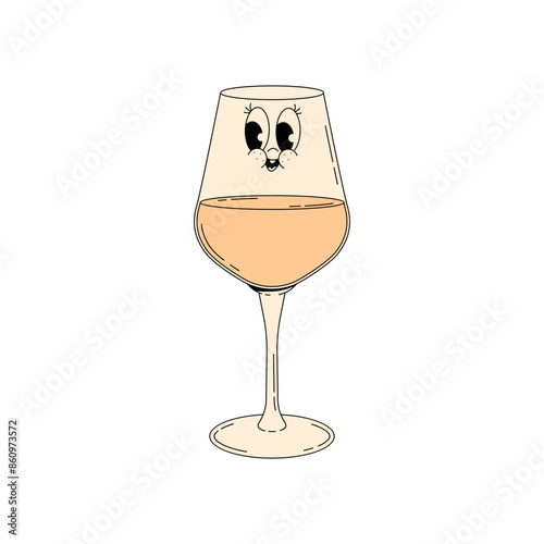 Retro wine festival. Groovy character white wine glass with face. Funky alcohol design for menu, party, event. Vintage vector illustration 70s, 80s style
