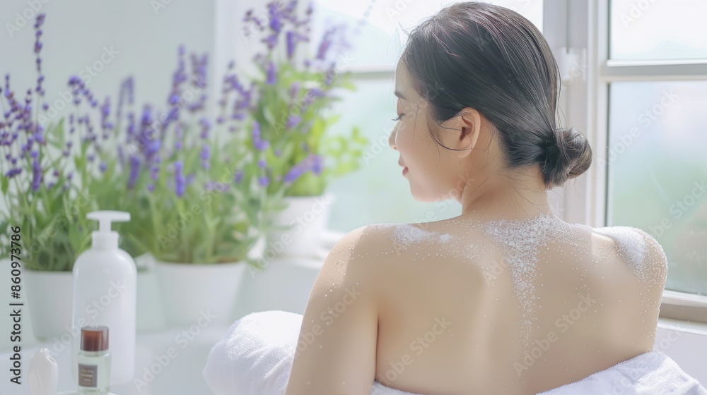Woman Enjoying a Relaxing Bath with Lavender Woman Enjoying a Relaxing Bath with Lavender