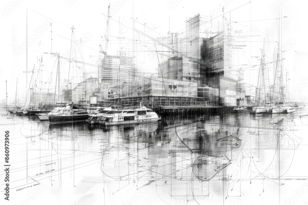 Abstract black and white architectural sketch of a winter cityscape with snow-covered buildings and streets, high resolution Abstract black and white architectural sketch of a winter cityscape with snow-covered buildings and streets, high resolution