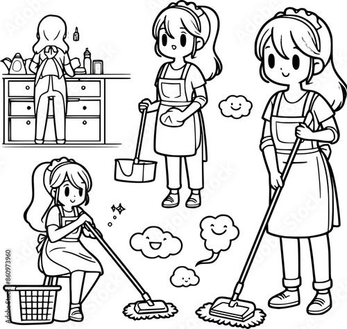 kids woman cleaning room doing housework by mop the floor ฺline art black and white vector illustration generated by Ai