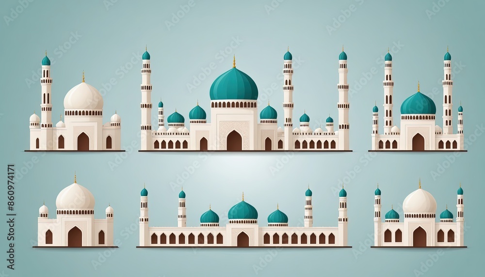 Obraz premium Mosque a illustration, set of icons for design mosque, mosque Islamic Ramadhan, elements mosque muslim, illustration of an mosque. minaret design. church tower vector