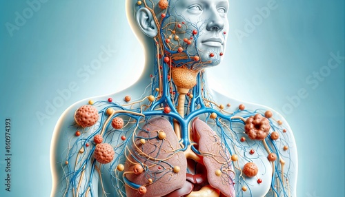 AI generated illustration of the human lymphatic system highlighting lymph nodes and vessels