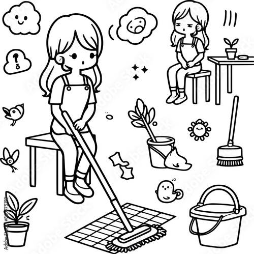 Cute cartoon women cleaning room page for kids line art vector illustrations generated by Ai