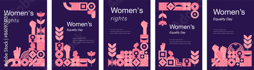 Women's Equality Day. August. Set of 5 geometric templates,web banner dedicated to women's history month.Feminism concept.Women's rights history month. Template for background, banner