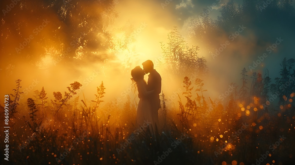 Silhouetted Couple in Romantic Embrace Amid Misty Nature Scenery Silhouetted Couple in Romantic Embrace Amid Misty Nature Scenery
