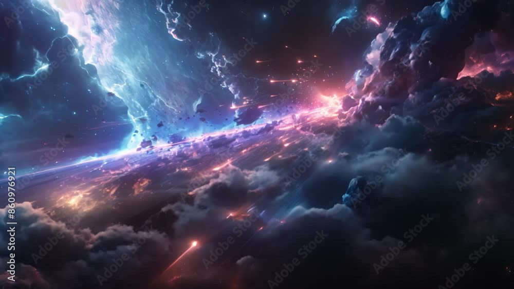 A cosmic scene with vibrant nebulae and star streaks A cosmic scene with vibrant nebulae and star streaks