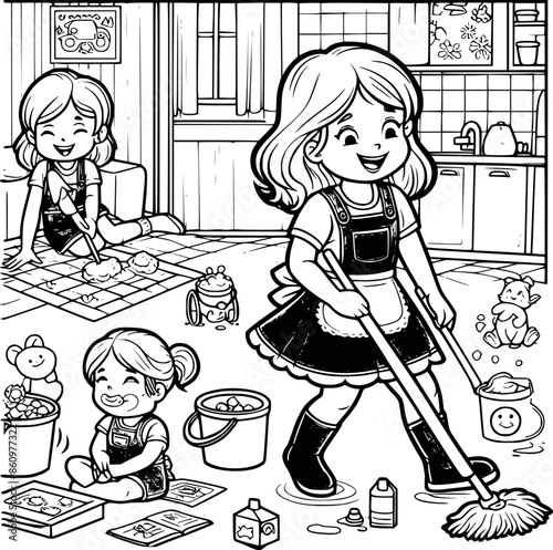 Line art Cute cartoon women cleaning on room vector illustration of women cleaning room isolated on white background generated by Ai