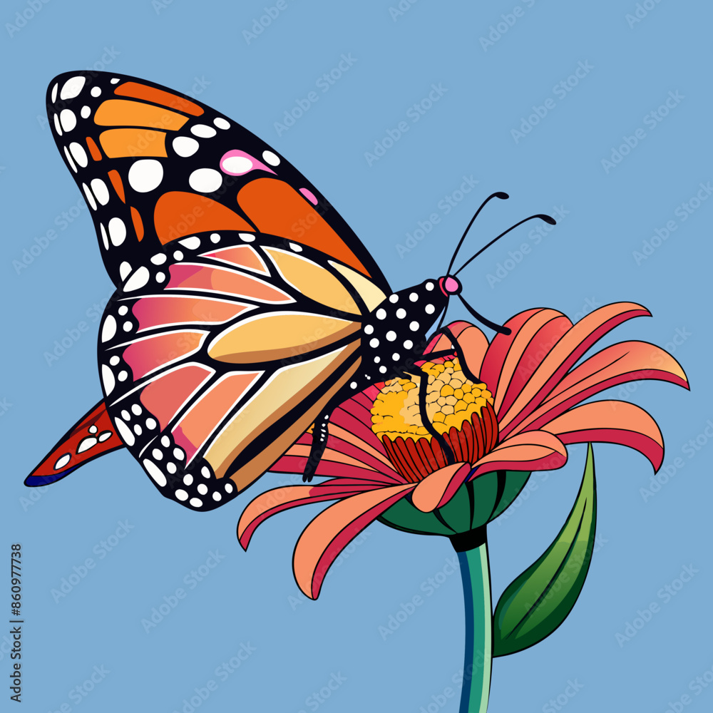 Fototapeta premium A side view line art of a monarch butterfly resting on a flower 