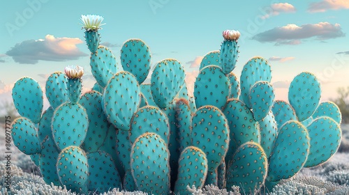 Azureocereus cactus reaching towards the sky, with its striking blue-green color and vibrant blooms, a desert wonder. Illustration, Minimalism, photo