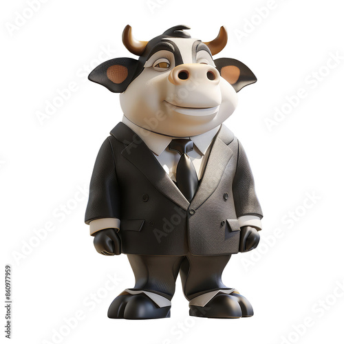 animal crossing of anthropomorphic cow as businessman, full body, standing on 2 legs, 3d character cartoon photo