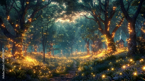 Magical forest glade filled with glowing fireflies and a hidden fairy village, creating a sense of wonder and enchantment. Illustration, Minimalism, © DARIKA
