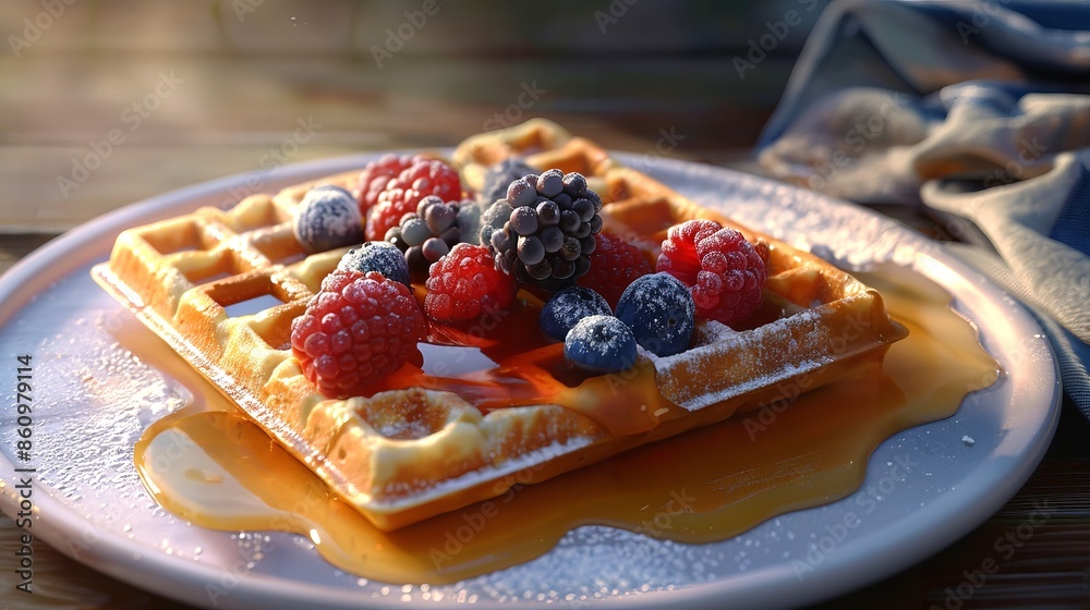 Delicious waffle topped with fresh berries and syrup on a plate, ideal for a breakfast or brunch food concept.