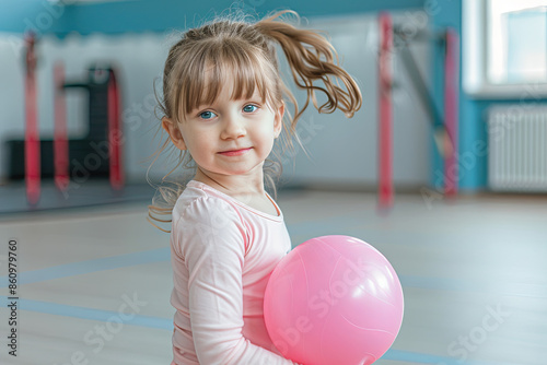 Little girl playing with a ball at ballet class in a dance studio. Concept of integration and education for disabled children