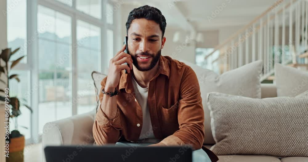 Remote work, man and phone call with smile at home with digital advice consulting. Mobile networking, laptop and conversation on living room couch with tech and web support with online consultation