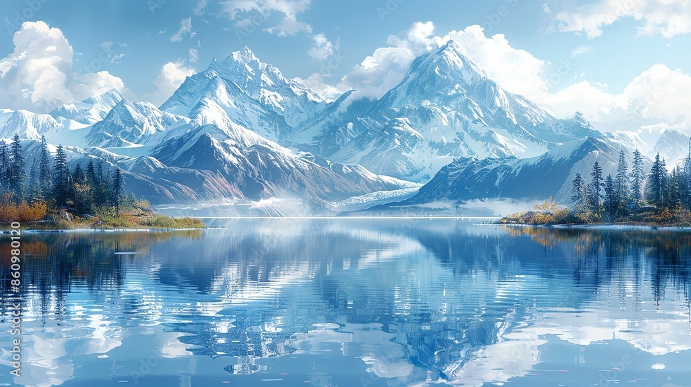 Fototapeta premium Ice melting into a serene lake, with reflections of snow-capped mountains, capturing the transient beauty of nature. Illustration, Minimalism,