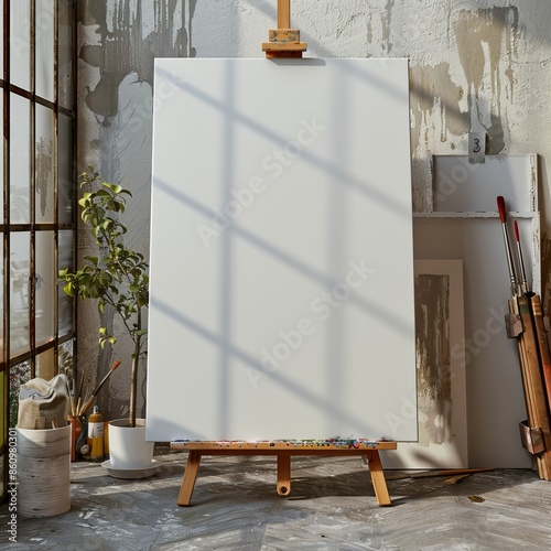A sunny art studio features a blank canvas on an easel, surrounded by art supplies, making an ideal wallpaper or background for creatives photo