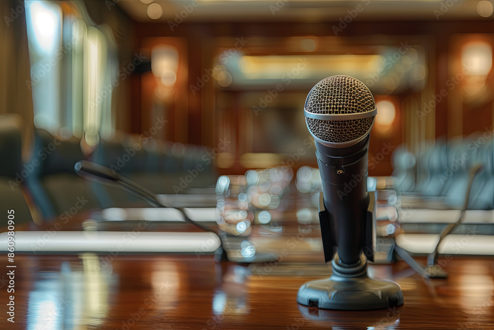 Microphone in a meeting room on a table with blurred chairs in the background, close-up with selective focus Microphone in a meeting room on a table with blurred chairs in the background, close-up with selective focus