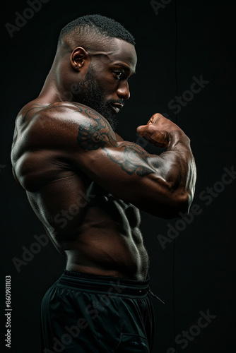 Strong fitness man flexing muscles on a black background