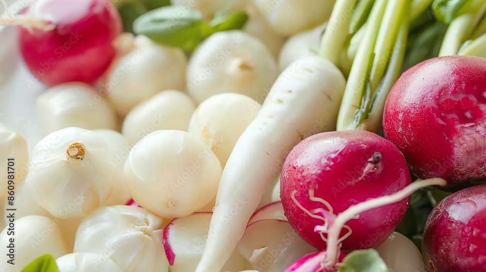 Closeup of a vibrant dish with white vegetables like garlic, radishes, and lychees, highlighting allicin and xanthone content, isolated white background, ideal for nutrition themes Closeup of a vibrant dish with white vegetables like garlic, radishes, and lychees, highlighting allicin and xanthone content, isolated white background, ideal for nutrition themes