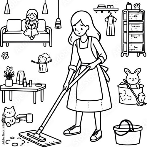 Women kids Cleaning Concept Cartoon Style Vector Illustration line art black and white generated by Ai