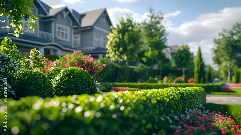 Nicely trimmed and manicured garden in front of a luxury house on a sunny summer day Street of houses in the suburbs of Canada : Generative AI Nicely trimmed and manicured garden in front of a luxury house on a sunny summer day Street of houses in the suburbs of Canada : Generative AI