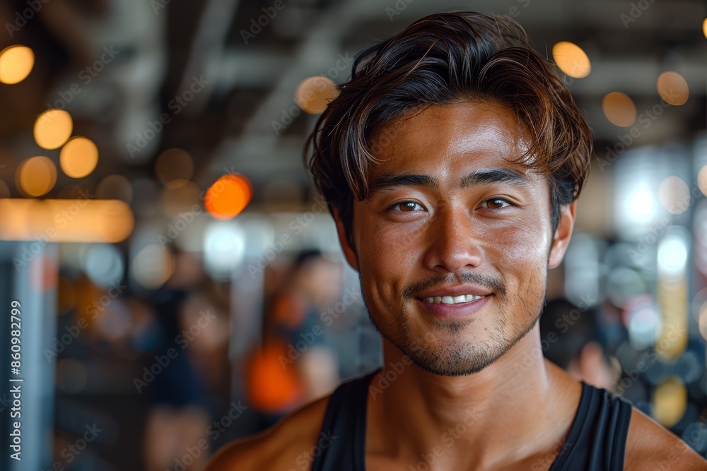young male Asian fitness instructor as he poses in an indoor gym fitness center. His happiness reflects the passion and dedication he brings to his role. young male Asian fitness instructor as he poses in an indoor gym fitness center. His happiness reflects the passion and dedication he brings to his role.