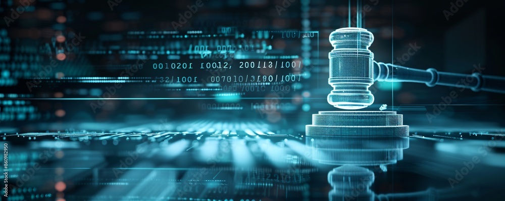 Obraz premium In a high-tech legal environment, a digital gavel is poised to strike virtual bankruptcy papers, illuminated on a sleek holographic interface. The futuristic setting offers extensive copy space for