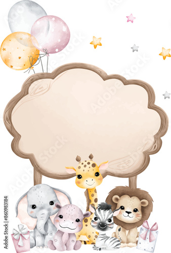 Photography Watercolor Illustration Safari Animals and Wooden Board with Balloons