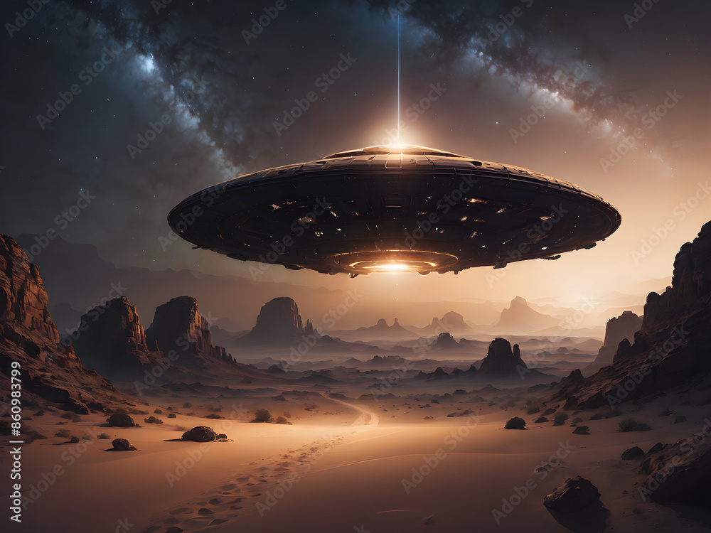 A vast, empty desert under a starry sky. A bright light or glowing UFO hovers above, casting an eerie glow on the sand and rocks. A vast, empty desert under a starry sky. A bright light or glowing UFO hovers above, casting an eerie glow on the sand and rocks.