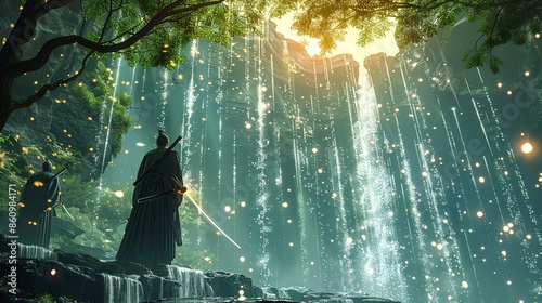 Samurai practicing swordsmanship under a waterfall, with water droplets catching the sunlight, symbolizing discipline, focus, and harmony with nature. Illustration, Minimalism, photo